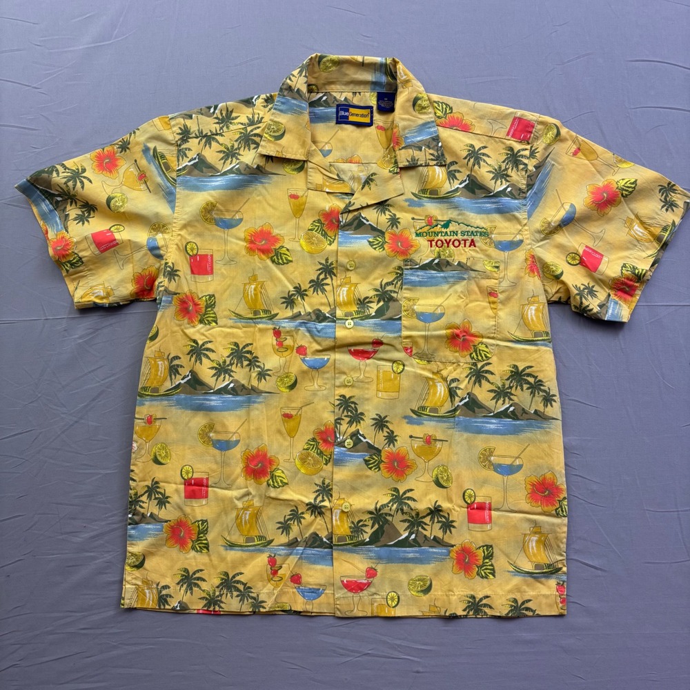 Blue Generation Mens Yellow Tropical Cocktail Aloha Shirt Mountain States Sz M
